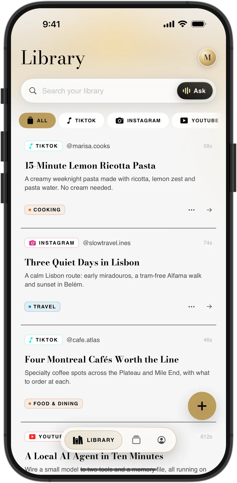 Tut’s library: saved videos from TikTok, Instagram and YouTube, each with a short summary