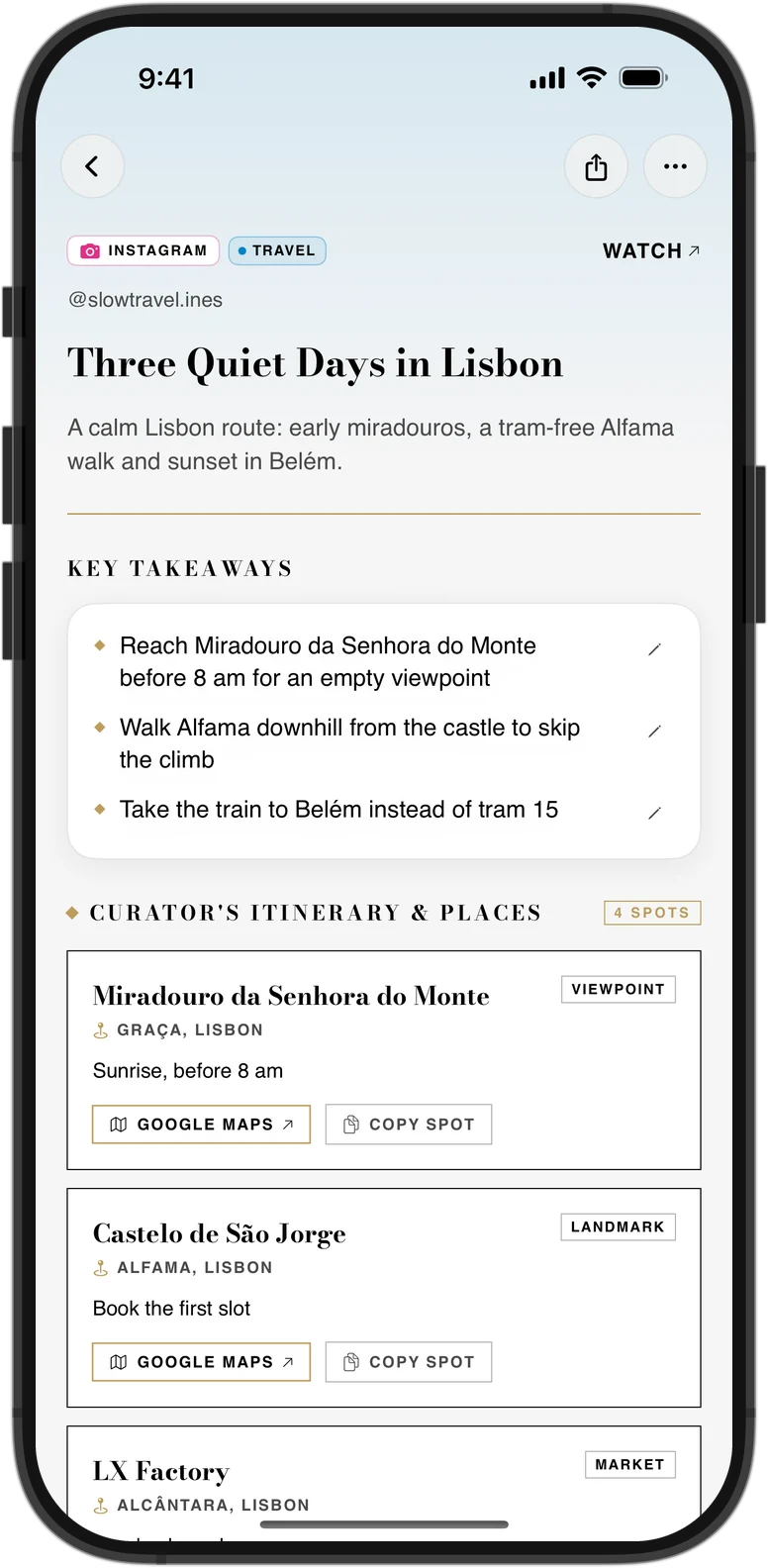 Tut’s summary of a Lisbon travel video, with the places it mentions